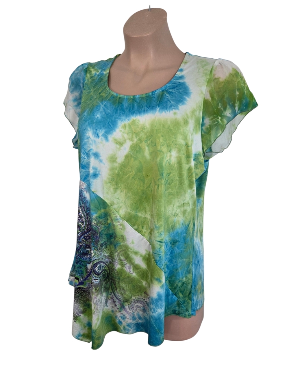 One World Green Blue White Flutter Sleeve Handkerchief Hemline Lined Blouse 1X - Picture 3 of 12